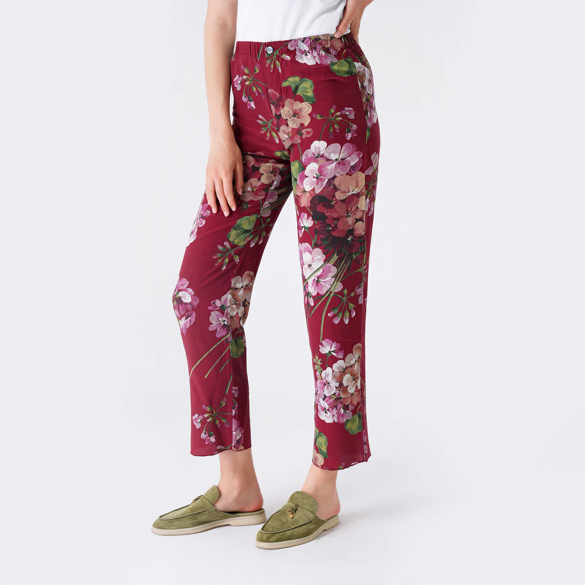 Gucci - Burgundy Floral Print Silk Pants